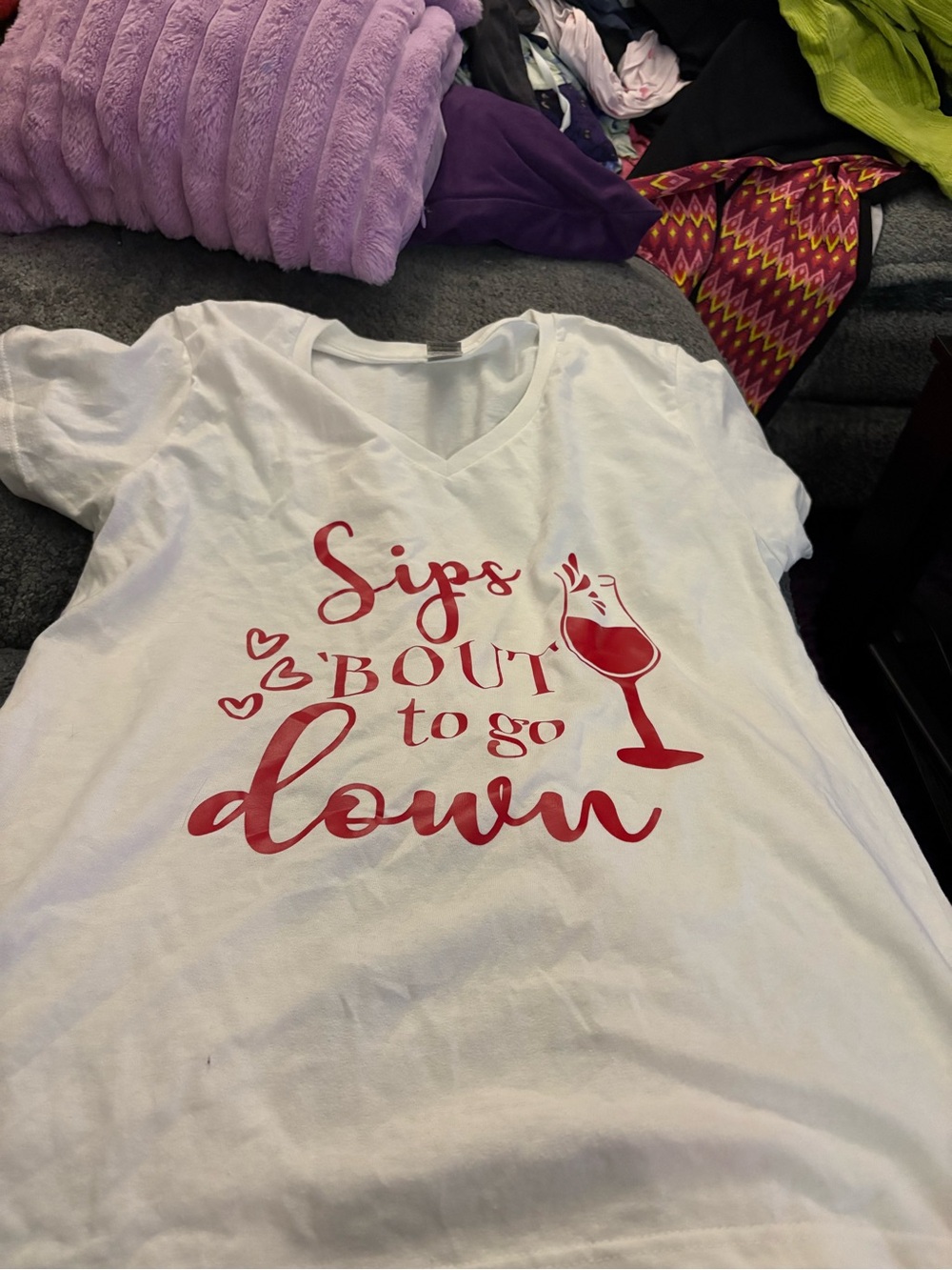 Gildan White V-Neck Tee with Red Wine Graphic